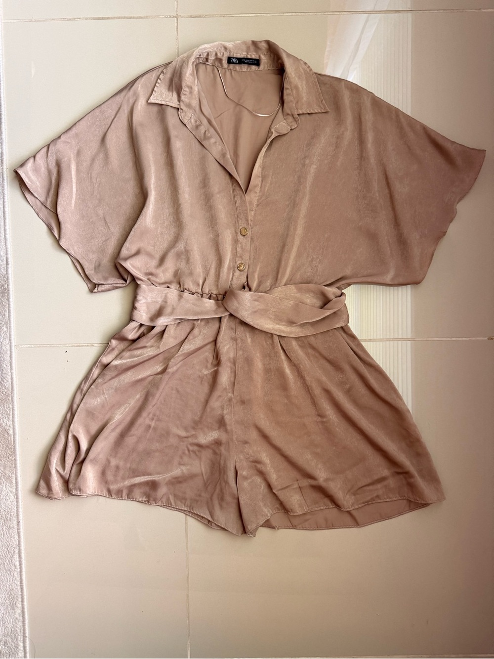 Zara Satin Champagne Belted Collared Romper Size XL